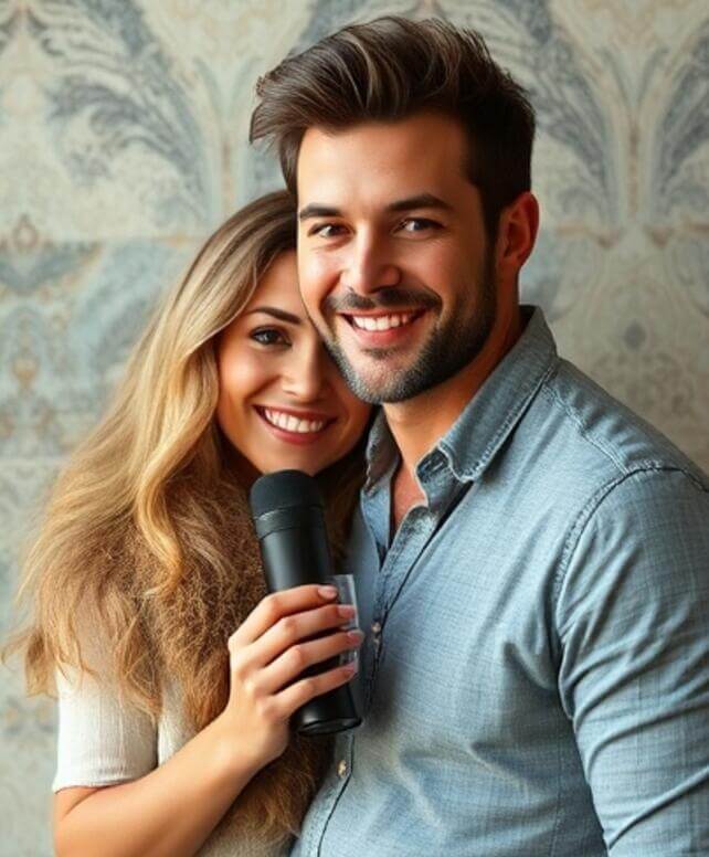 Couple smiling together in a webcam-style scene